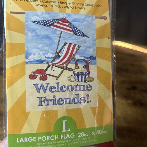 Porch Flag NEW Rain Or Shine Welcome Friends Patriotic Summer Beach 28”x40”LG - Picture 2 of 9